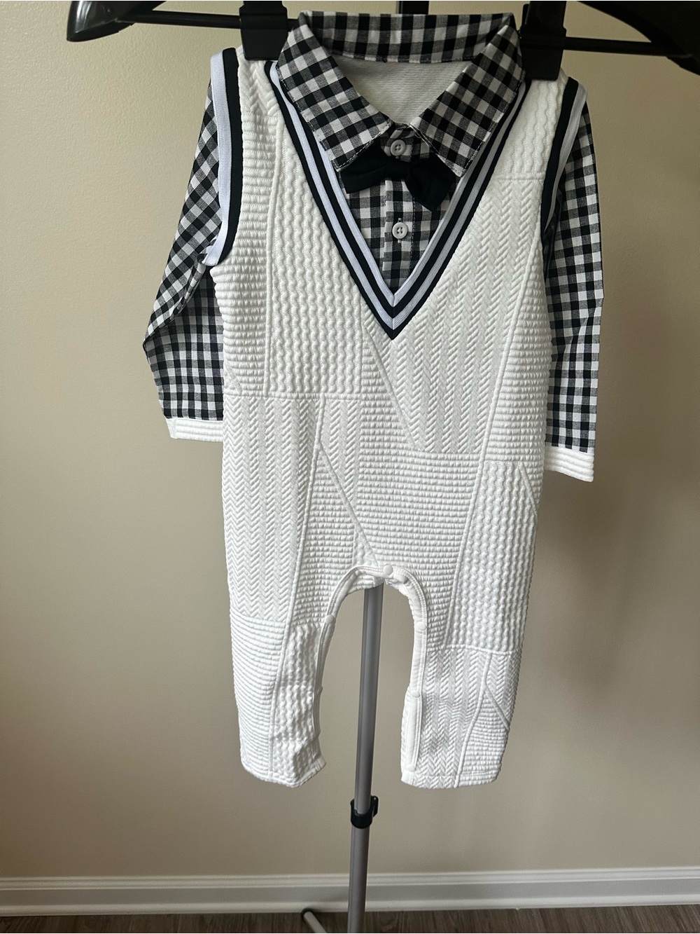 Baby Boys White Knit One-Piece with Black Gingham Shirt and Bow